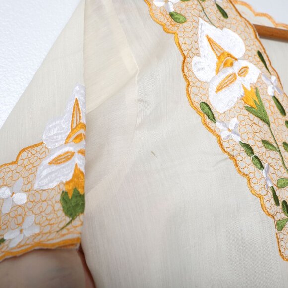 Vintage Ethnic Floral Embroidered Top Short Sleeve Shirt Mexico Yellow Cream - Picture 7 of 10